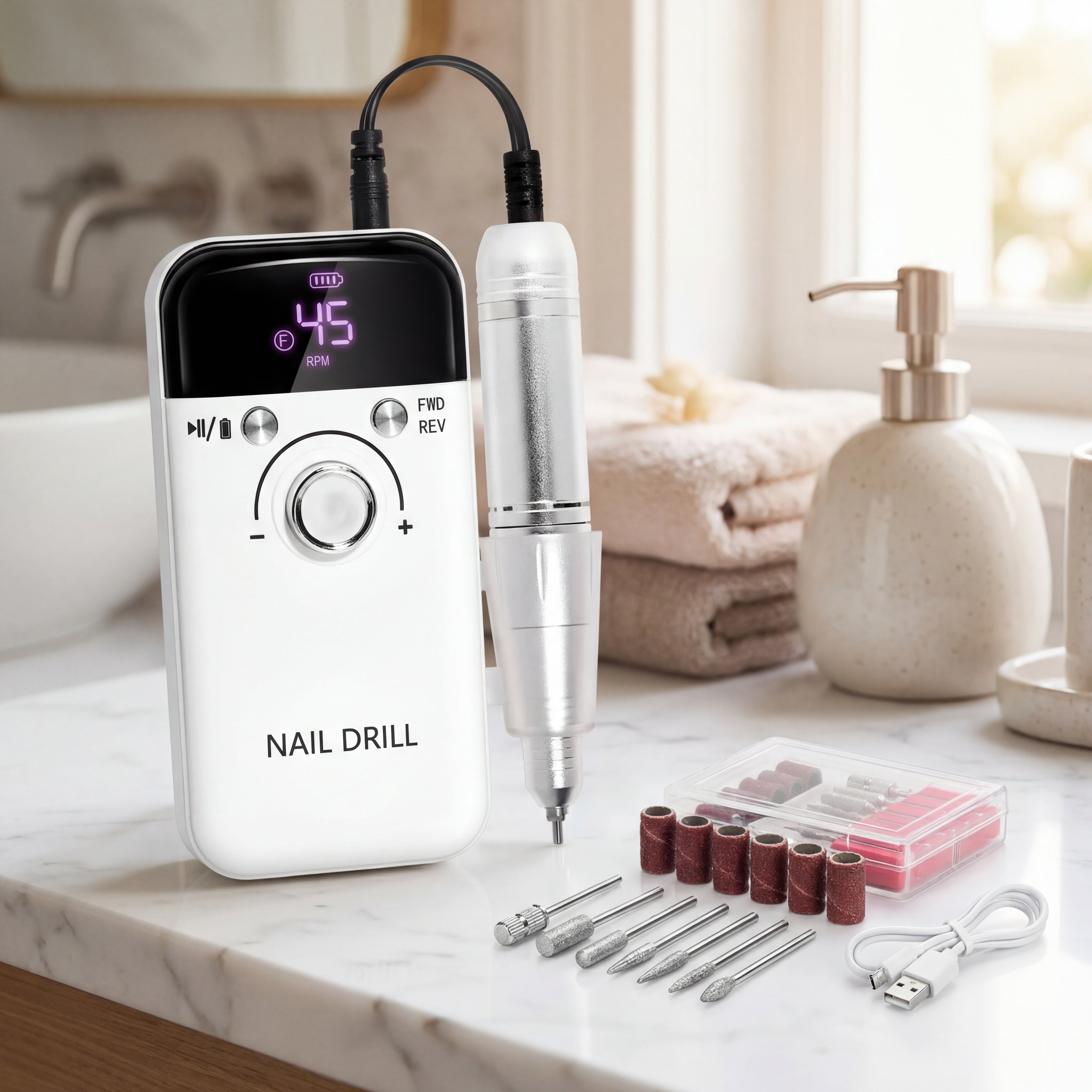 Nail Drill 45000 RPM  Rechargeable Electric Nail File - File for Acrylic Gel Removing & Polishing Gel for Home/Salon Manicure Pedicure