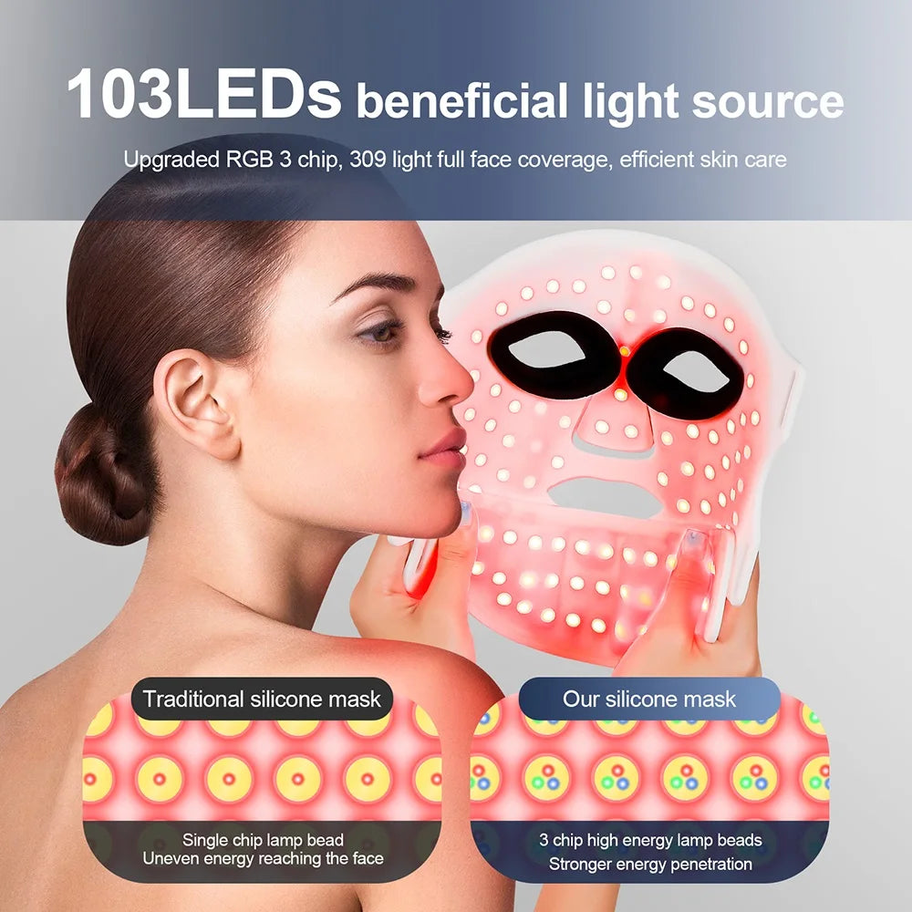 Silicone LED Face Mask With Neck - 7 Colors LED Photon Red Light Infrared Therapy - Flexible Facial Mask Skin Repair - Wireless Use