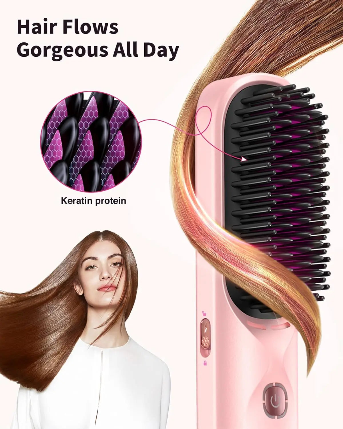 Cordless Hair Straightener Brush - 450°F Adjustable Temp - 10000mAh Travel Wireless Straightening Comb