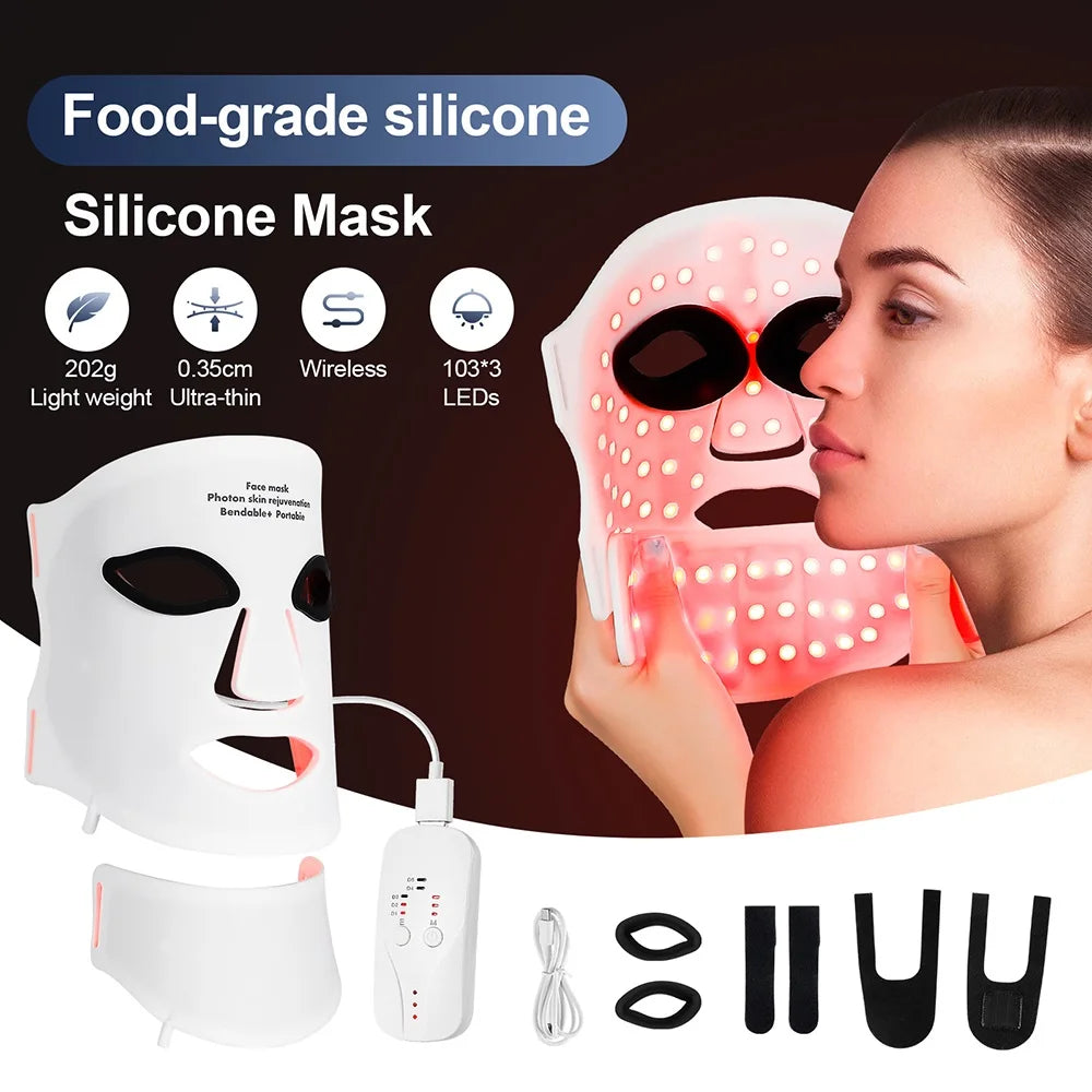 Silicone LED Face Mask With Neck - 7 Colors LED Photon Red Light Infrared Therapy - Flexible Facial Mask Skin Repair - Wireless Use