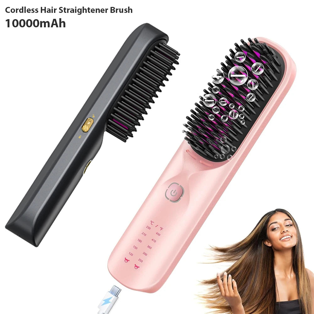 Cordless Hair Straightener Brush - 450°F Adjustable Temp - 10000mAh Travel Wireless Straightening Comb
