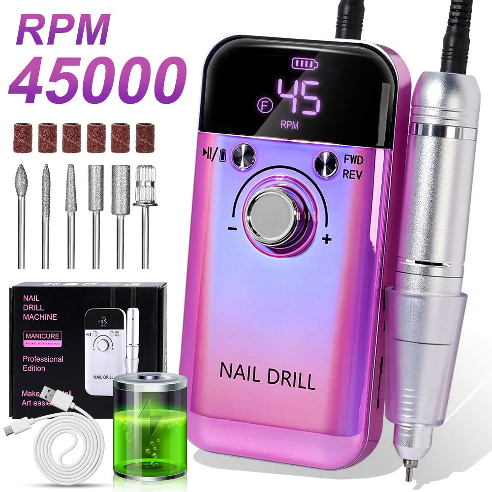 Nail Drill 45000 RPM  Rechargeable Electric Nail File - File for Acrylic Gel Removing & Polishing Gel for Home/Salon Manicure Pedicure