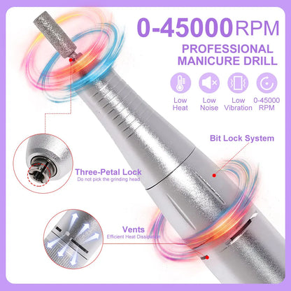 Nail Drill 45000 RPM  Rechargeable Electric Nail File - File for Acrylic Gel Removing & Polishing Gel for Home/Salon Manicure Pedicure
