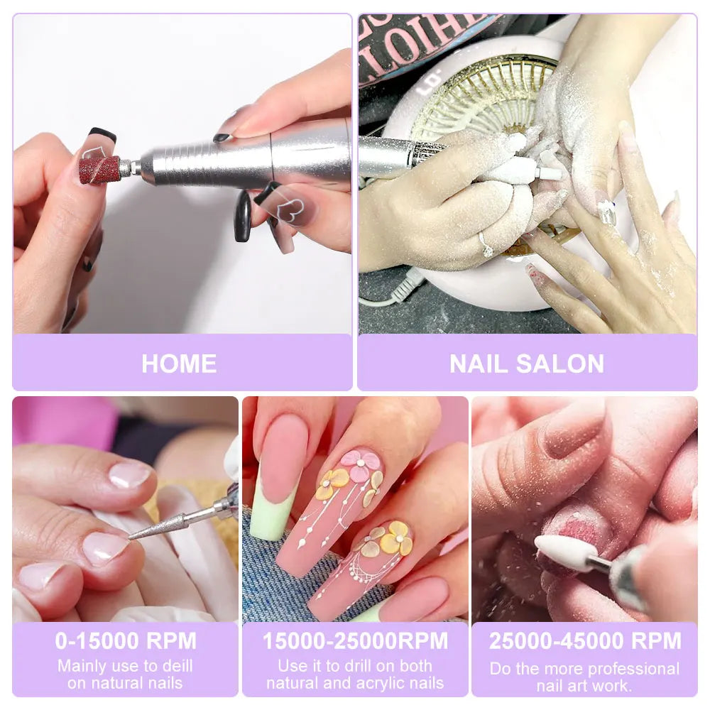 Nail Drill 45000 RPM  Rechargeable Electric Nail File - File for Acrylic Gel Removing & Polishing Gel for Home/Salon Manicure Pedicure