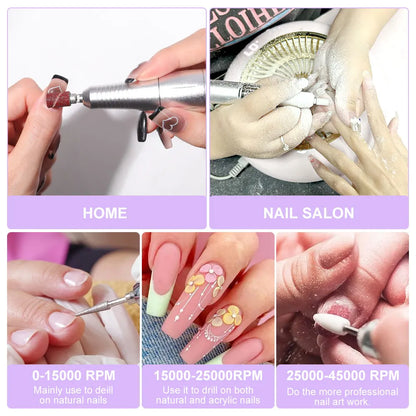 Nail Drill 45000 RPM  Rechargeable Electric Nail File - File for Acrylic Gel Removing & Polishing Gel for Home/Salon Manicure Pedicure