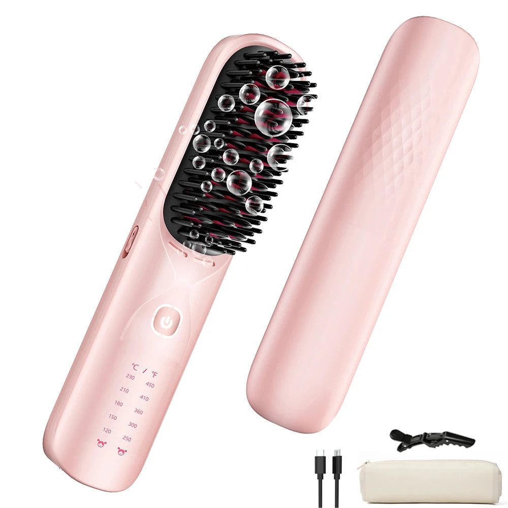 Cordless Hair Straightener Brush - 450°F Adjustable Temp - 10000mAh Travel Wireless Straightening Comb