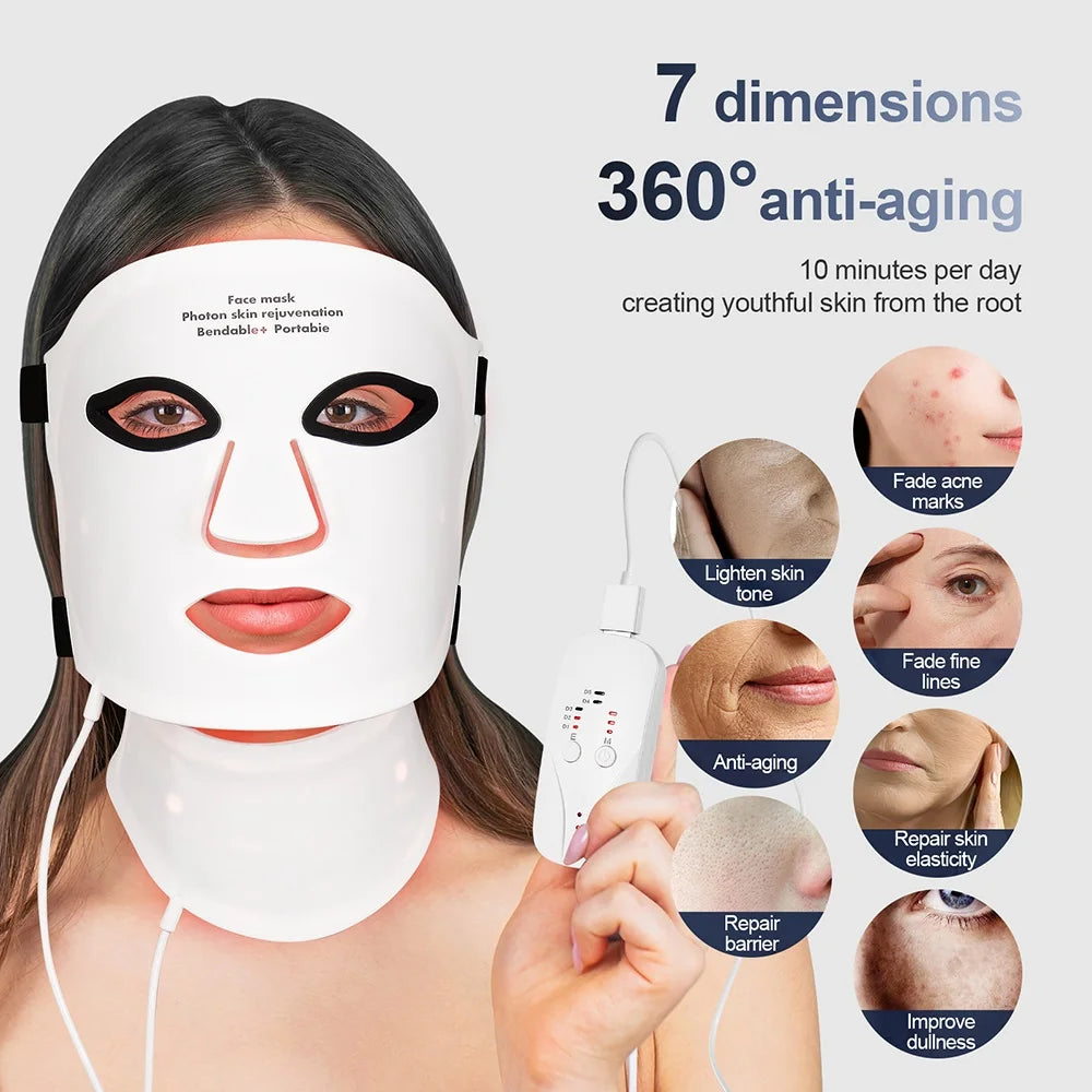 Silicone LED Face Mask With Neck - 7 Colors LED Photon Red Light Infrared Therapy - Flexible Facial Mask Skin Repair - Wireless Use