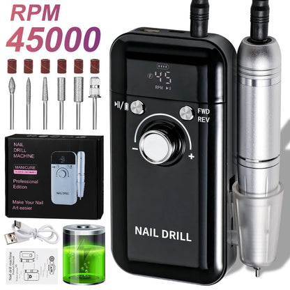 Nail Drill 45000 RPM  Rechargeable Electric Nail File - File for Acrylic Gel Removing & Polishing Gel for Home/Salon Manicure Pedicure