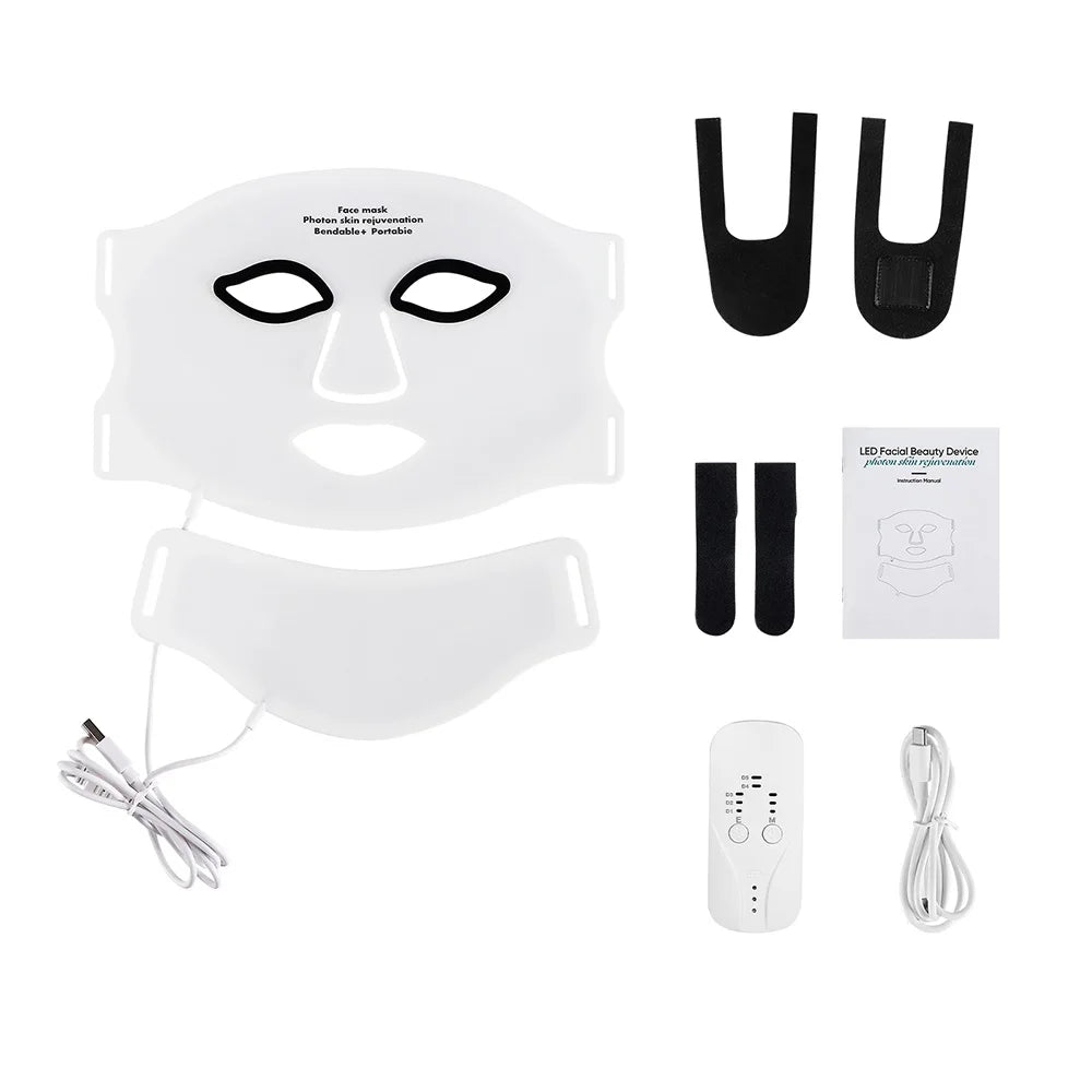 Silicone LED Face Mask With Neck - 7 Colors LED Photon Red Light Infrared Therapy - Flexible Facial Mask Skin Repair - Wireless Use
