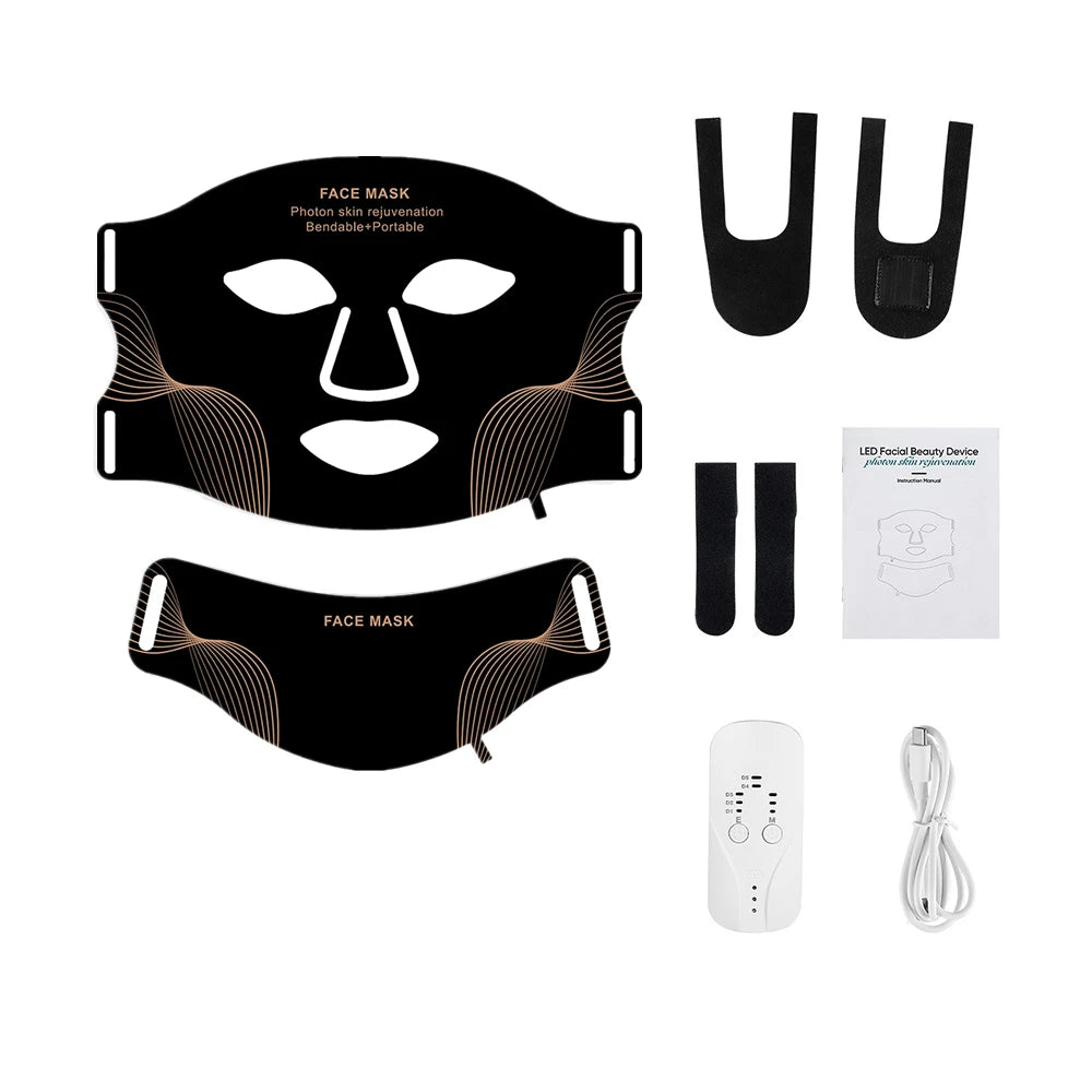 Silicone LED Face Mask With Neck - 7 Colors LED Photon Red Light Infrared Therapy - Flexible Facial Mask Skin Repair - Wireless Use