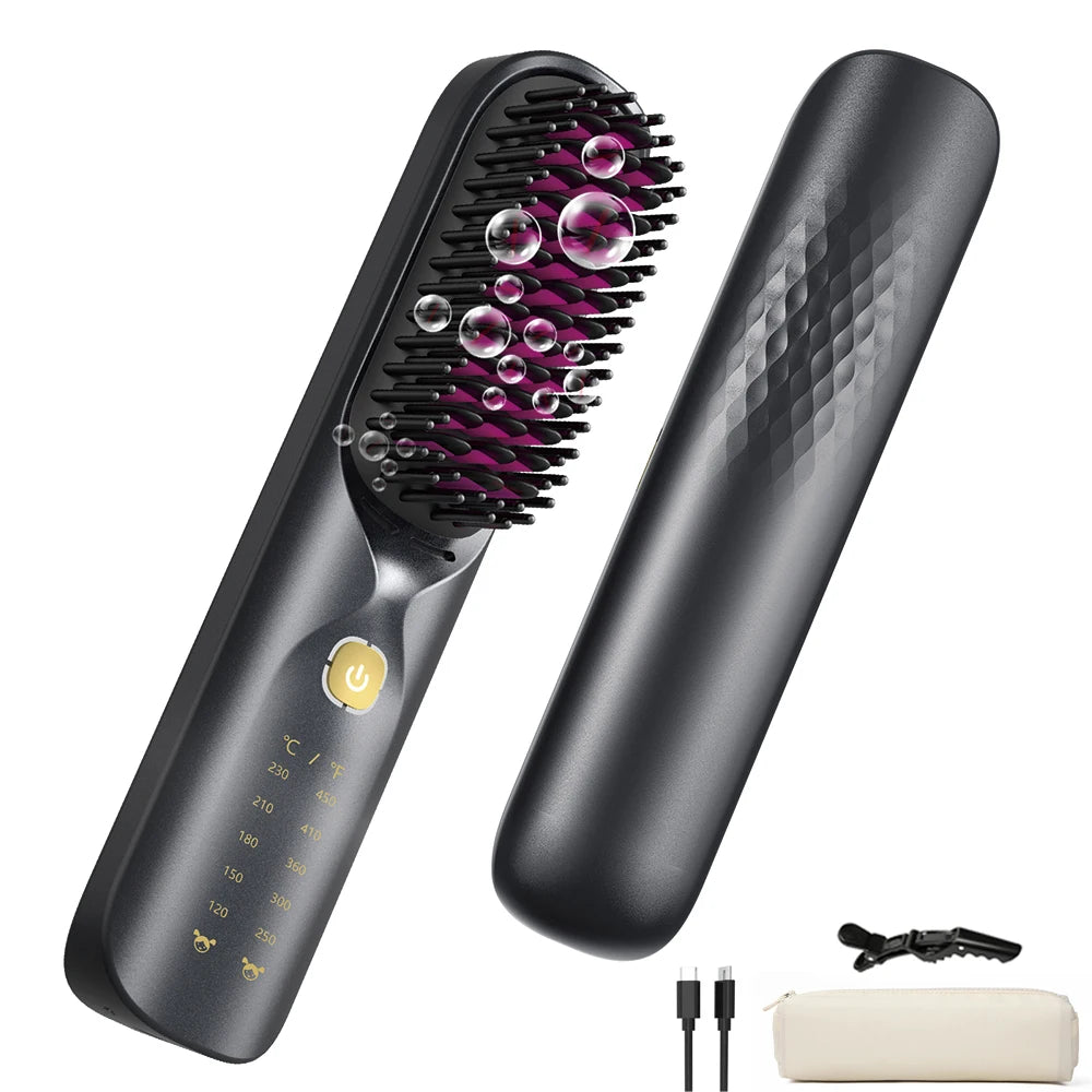 Cordless Hair Straightener Brush - 450°F Adjustable Temp - 10000mAh Travel Wireless Straightening Comb