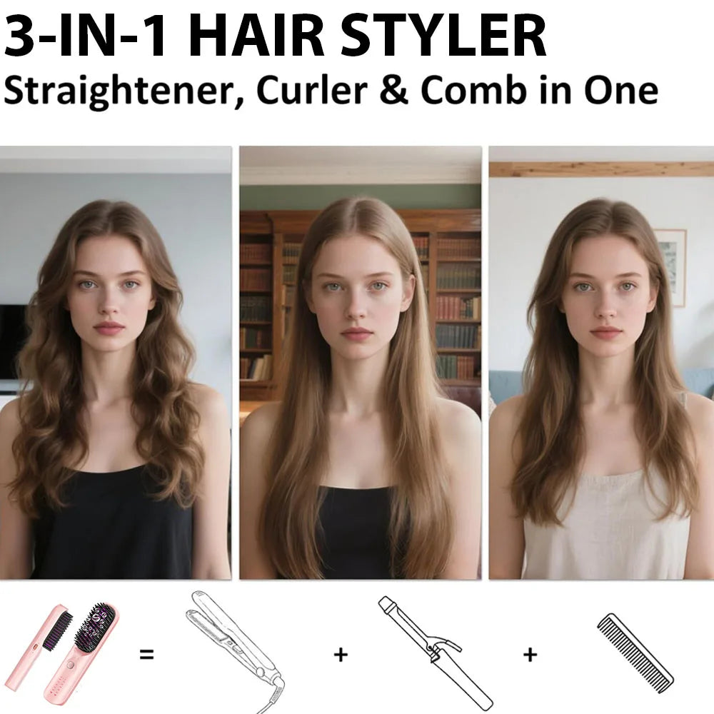 Cordless Hair Straightener Brush - 450°F Adjustable Temp - 10000mAh Travel Wireless Straightening Comb