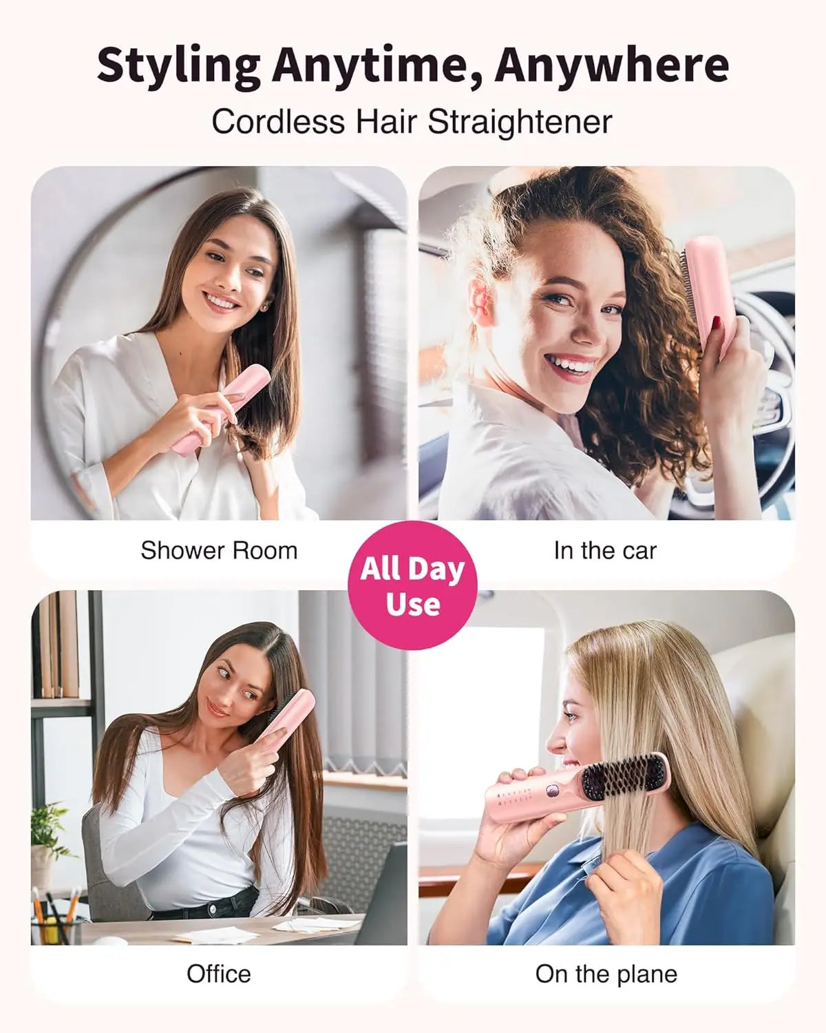 Cordless Hair Straightener Brush - 450°F Adjustable Temp - 10000mAh Travel Wireless Straightening Comb
