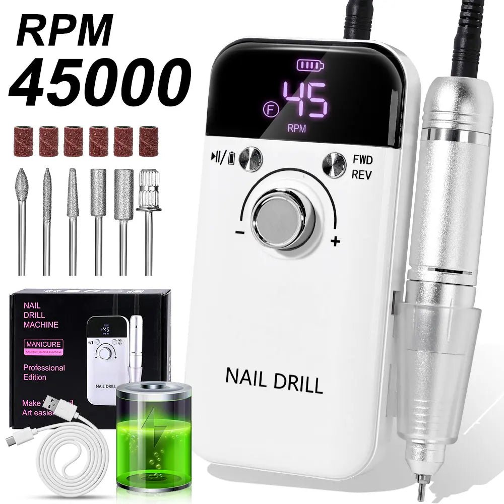 Nail Drill 45000 RPM  Rechargeable Electric Nail File - File for Acrylic Gel Removing & Polishing Gel for Home/Salon Manicure Pedicure