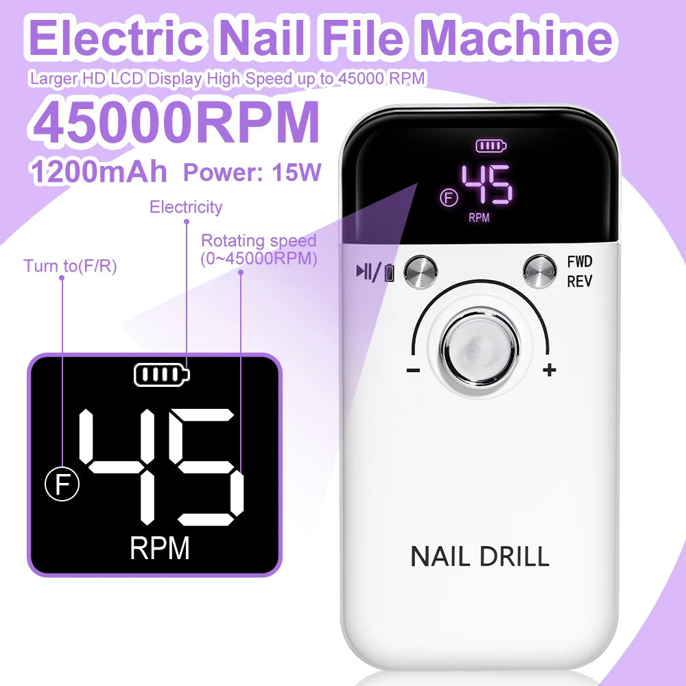 Nail Drill 45000 RPM  Rechargeable Electric Nail File - File for Acrylic Gel Removing & Polishing Gel for Home/Salon Manicure Pedicure