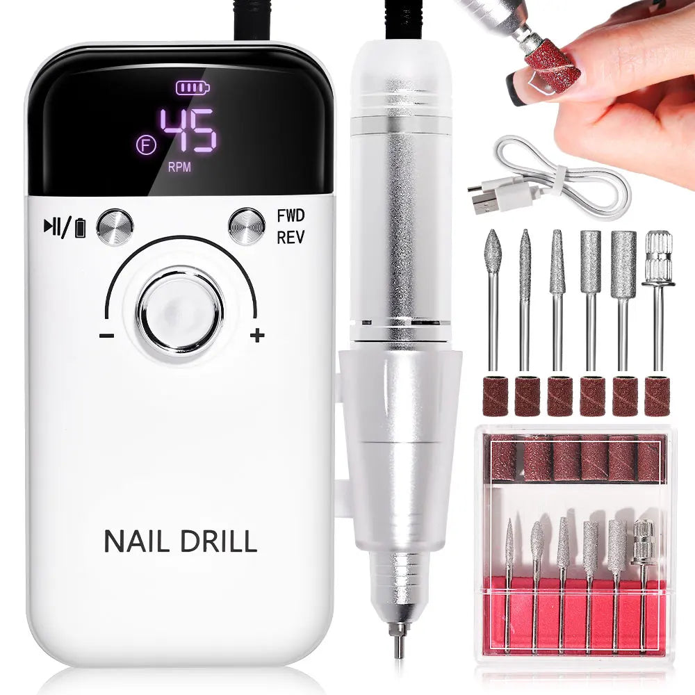 Nail Drill 45000 RPM  Rechargeable Electric Nail File - File for Acrylic Gel Removing & Polishing Gel for Home/Salon Manicure Pedicure