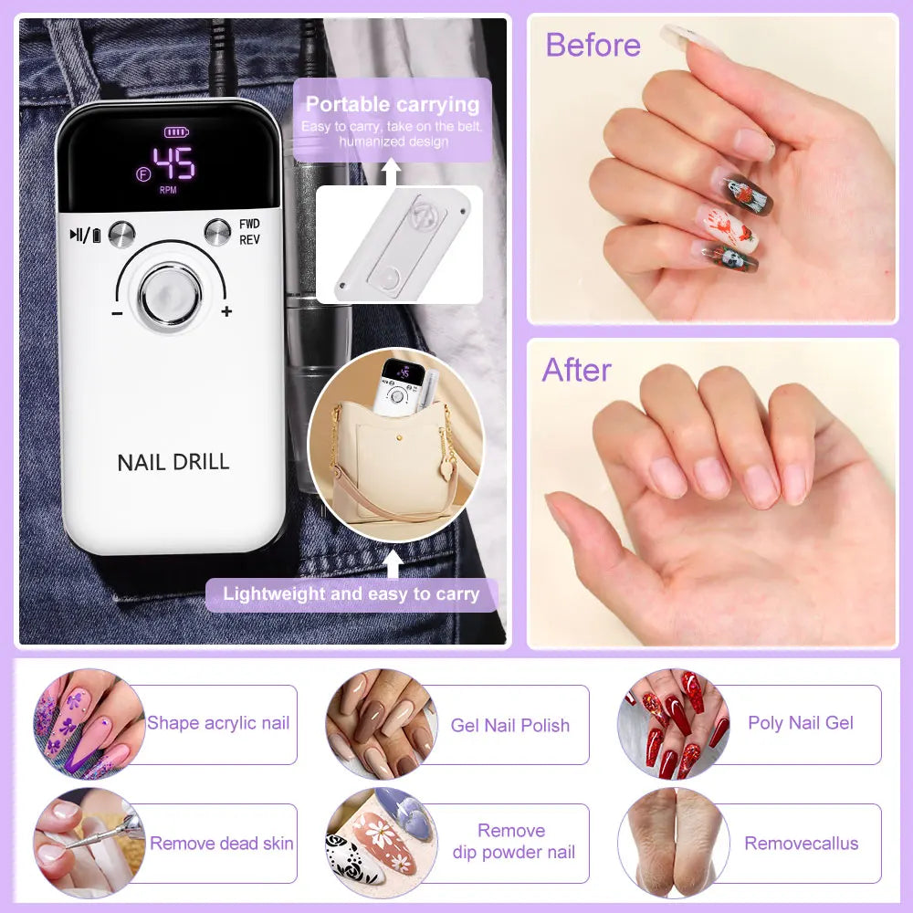 Nail Drill 45000 RPM  Rechargeable Electric Nail File - File for Acrylic Gel Removing & Polishing Gel for Home/Salon Manicure Pedicure
