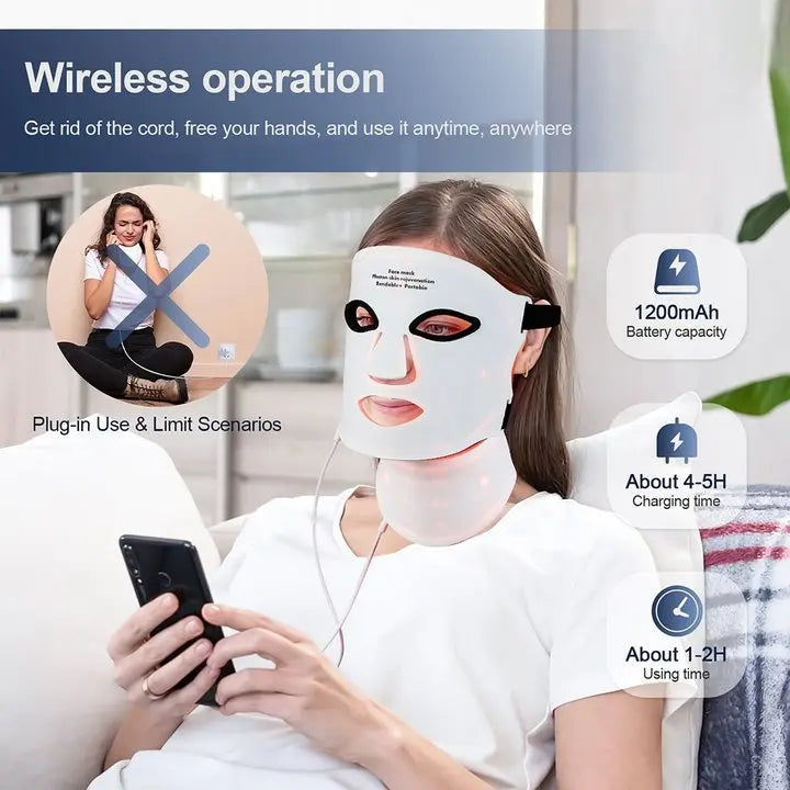Silicone LED Face Mask With Neck - 7 Colors LED Photon Red Light Infrared Therapy - Flexible Facial Mask Skin Repair - Wireless Use