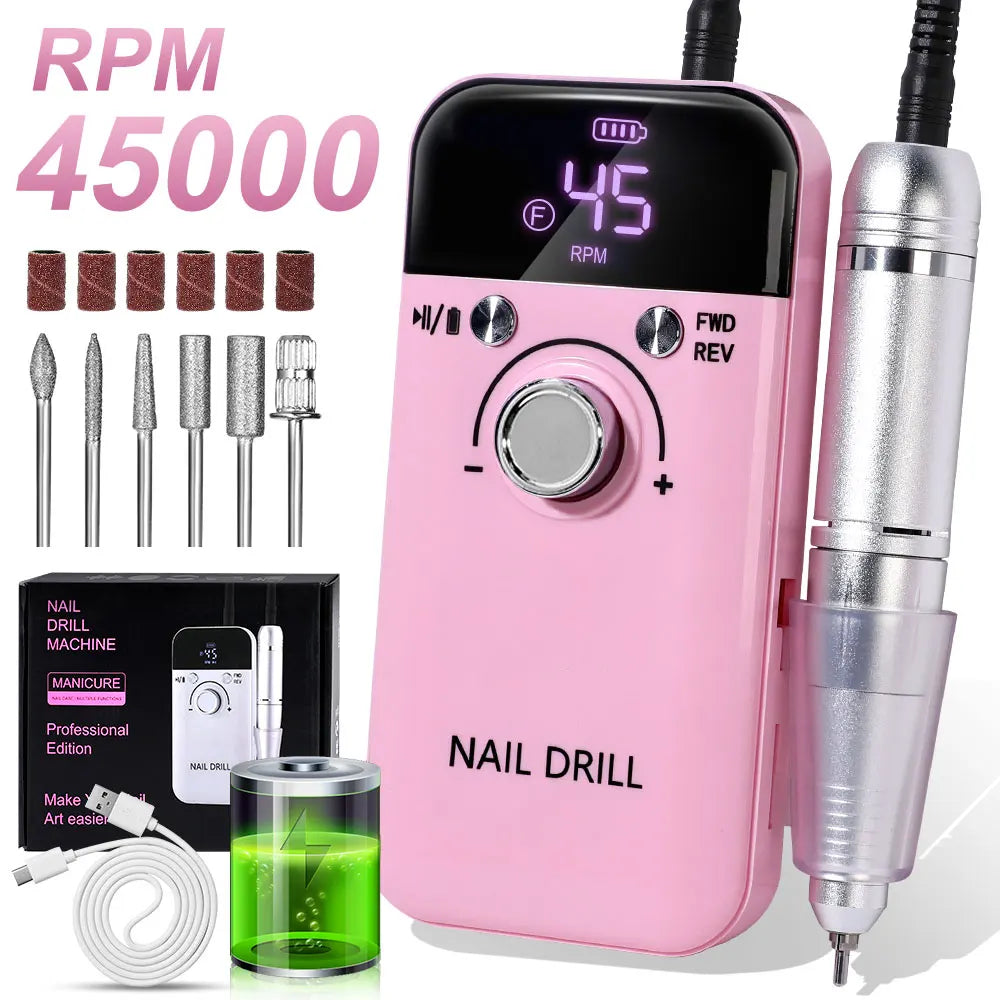 Nail Drill 45000 RPM  Rechargeable Electric Nail File - File for Acrylic Gel Removing & Polishing Gel for Home/Salon Manicure Pedicure