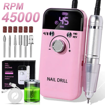 Nail Drill 45000 RPM  Rechargeable Electric Nail File - File for Acrylic Gel Removing & Polishing Gel for Home/Salon Manicure Pedicure