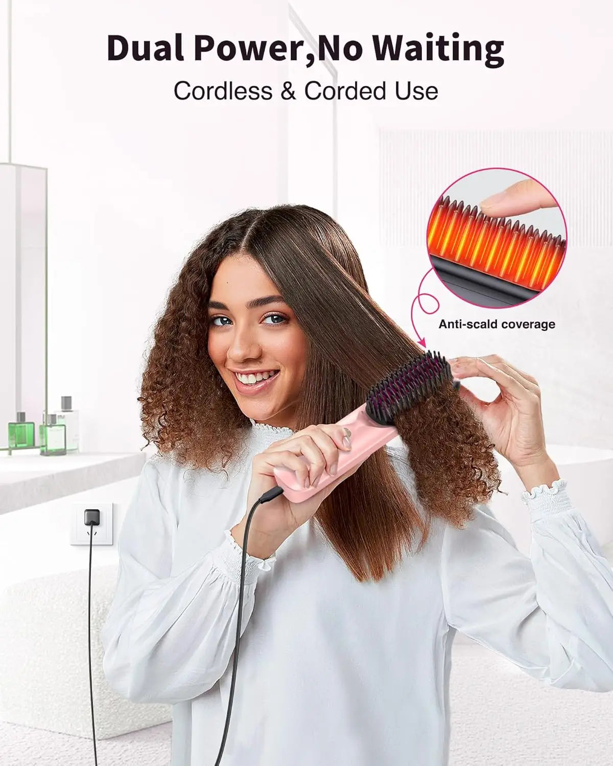 Cordless Hair Straightener Brush - 450°F Adjustable Temp - 10000mAh Travel Wireless Straightening Comb